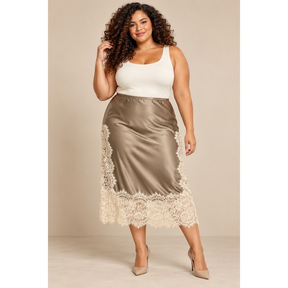 Anthropologie Bl-nk Cinzia Lace Satin Midi Skirt Gray Plus 3X NWT